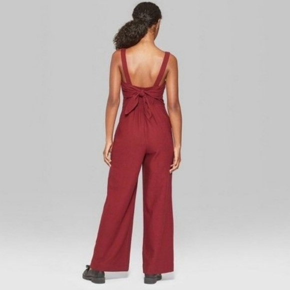 Wild Fable Maroon Berry Button Front Tie Back Flare Wide Leg Jumpsuit - Picture 3 of 10